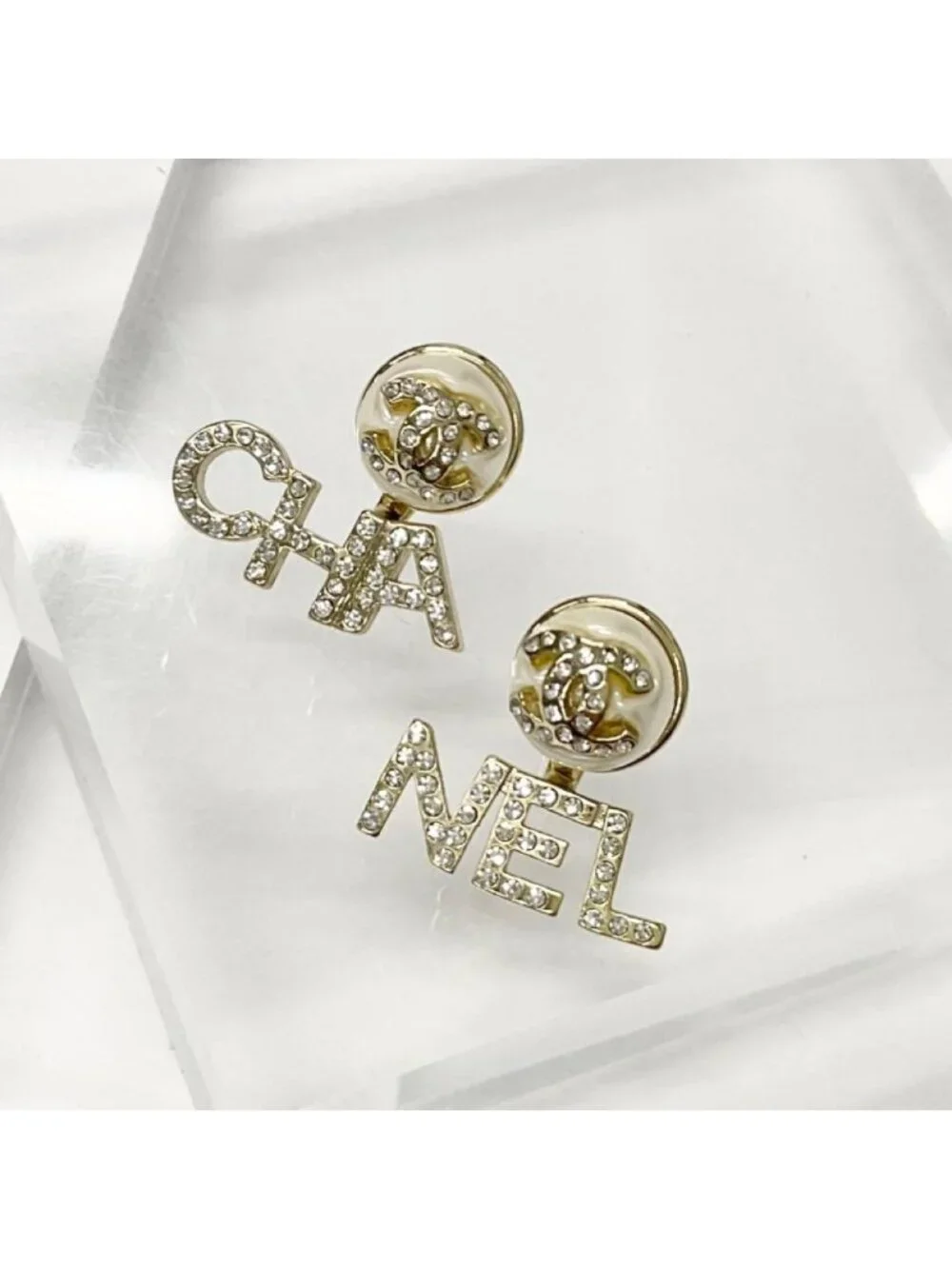 Chanel Earrings CC Logo Rhinestone Pearl Gold